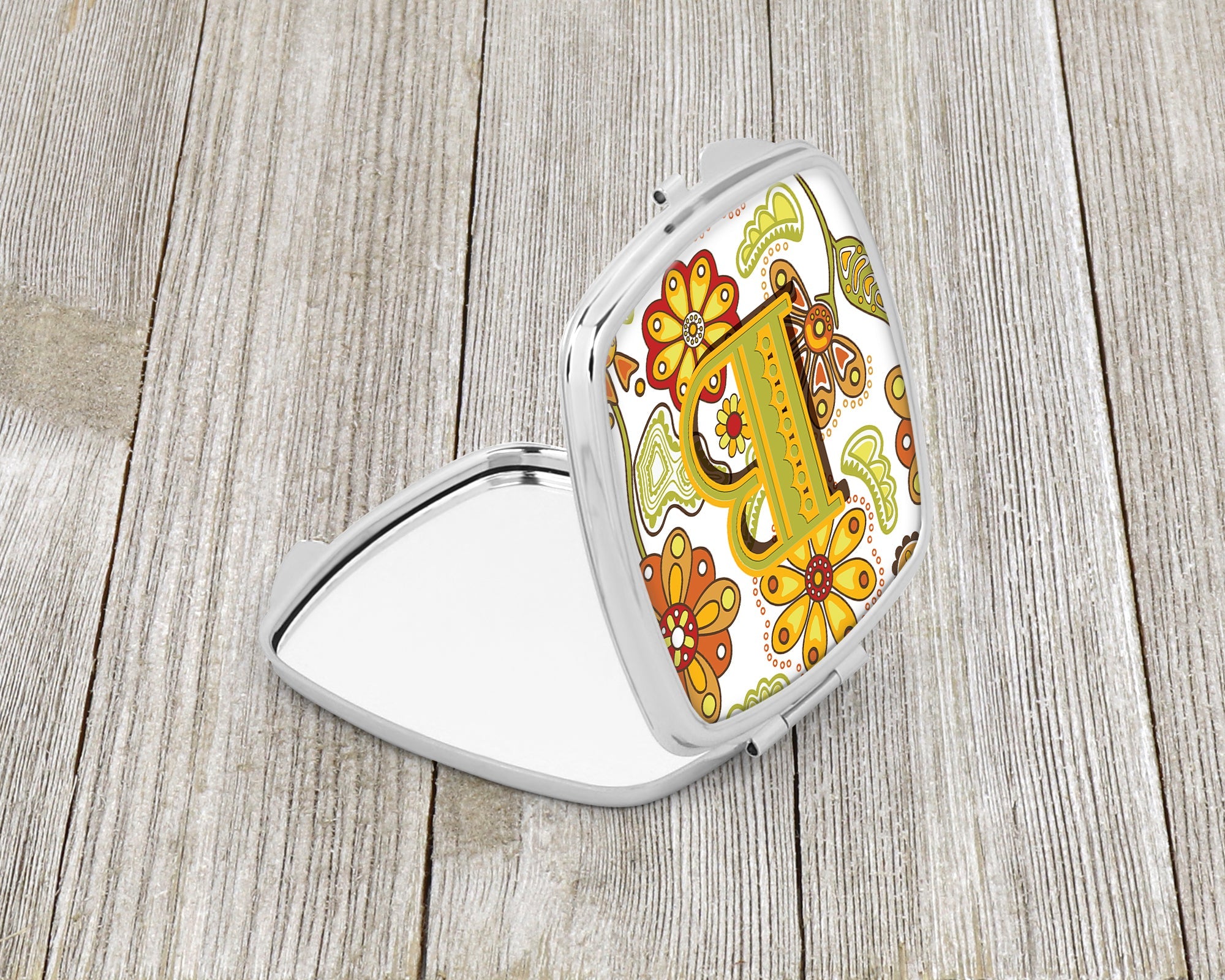 Letter B Floral Mustard and Green Compact Mirror Decorative Travel Makeup Mirror for Women Girls Gifts Pocket Makeup Mirror Folding Handheld