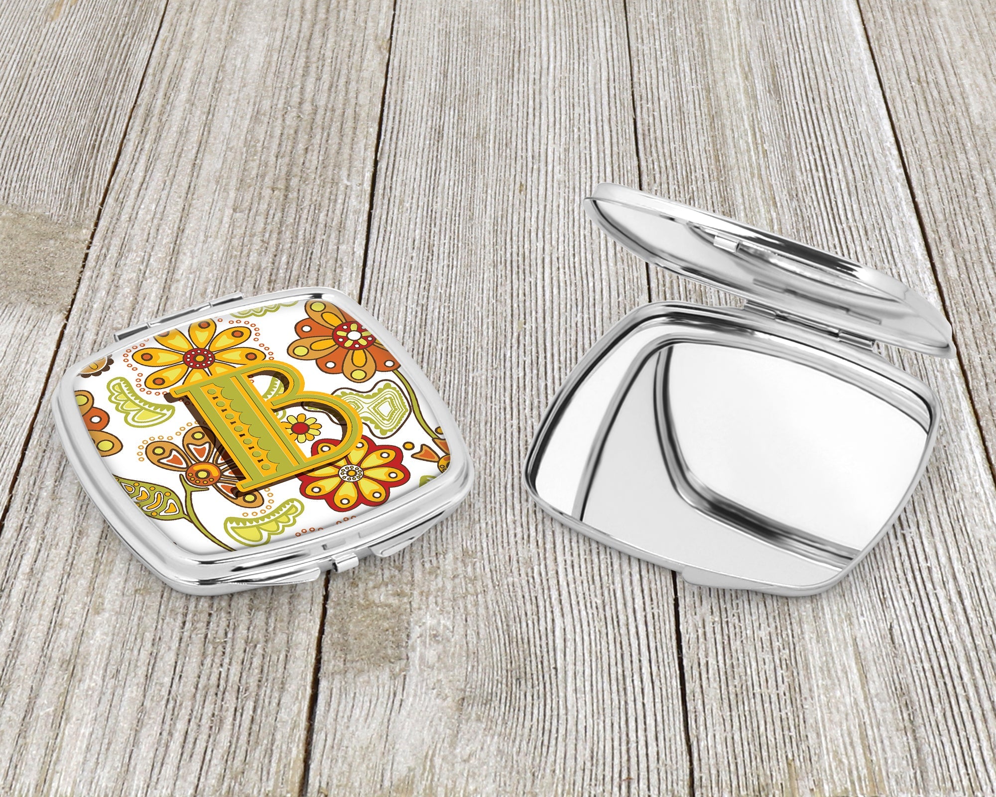 Letter B Floral Mustard and Green Compact Mirror Decorative Travel Makeup Mirror for Women Girls Gifts Pocket Makeup Mirror Folding Handheld