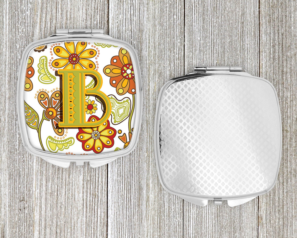 Letter B Floral Mustard and Green Compact Mirror Decorative Travel Makeup Mirror for Women Girls Gifts Pocket Makeup Mirror Folding Handheld