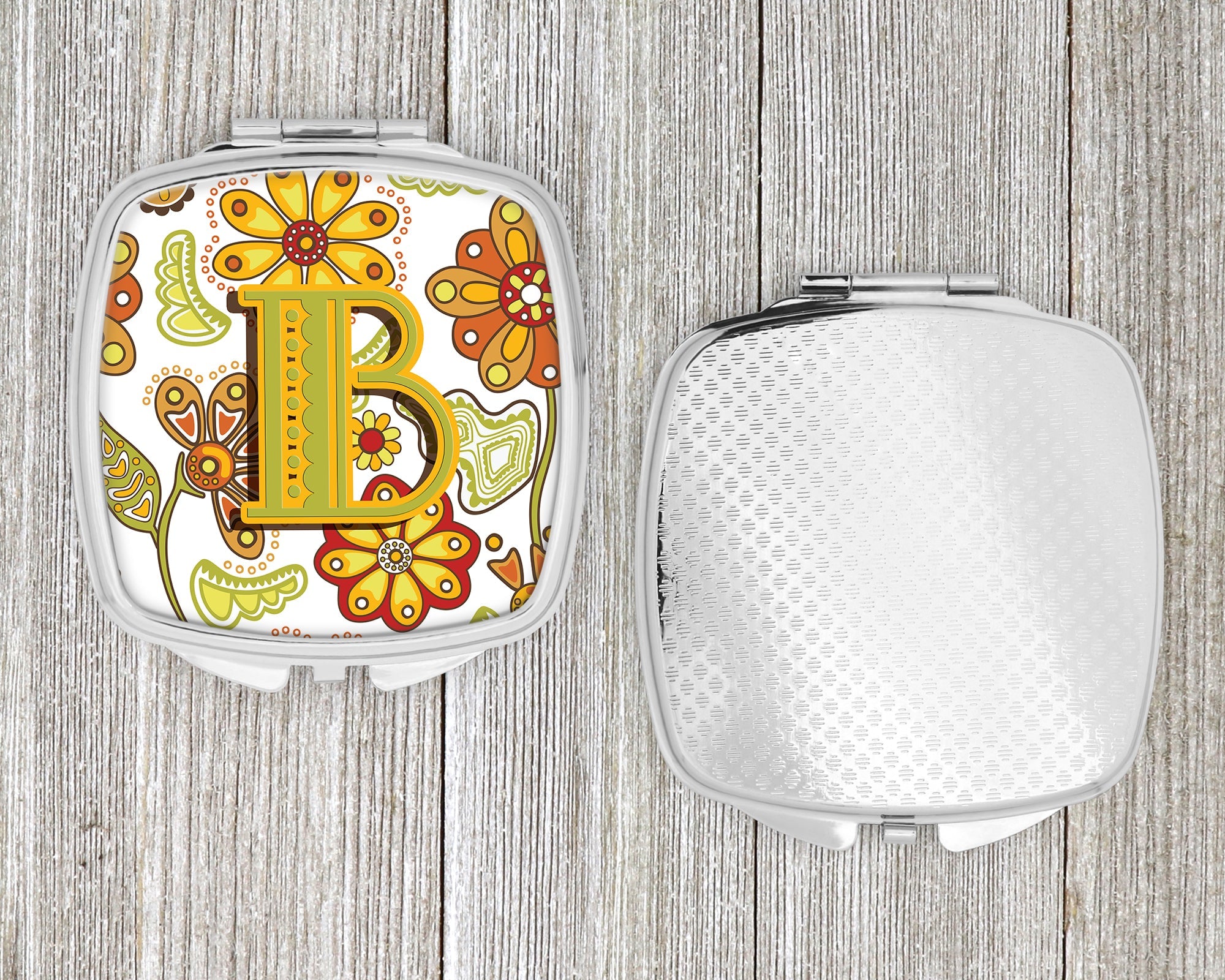 Letter B Floral Mustard and Green Compact Mirror Decorative Travel Makeup Mirror for Women Girls Gifts Pocket Makeup Mirror Folding Handheld