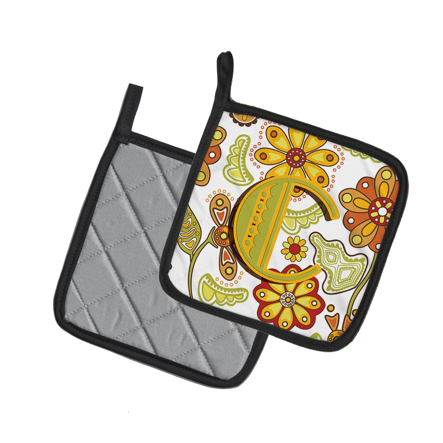 Letter C Floral Mustard and Green Pot Holder Set of 2 Heat Resistant Quilted Hot Pads 7.5 x 7.5 Inch, Insulated Kitchen Trivets for Cooking & Baking