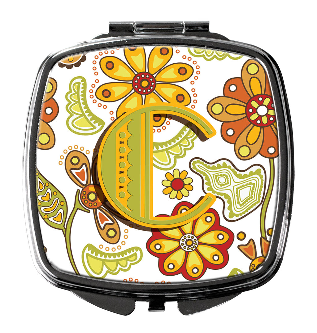 Letter C Floral Mustard and Green Compact Mirror Decorative Travel Makeup Mirror for Women Girls Gifts Pocket Makeup Mirror Folding Handheld