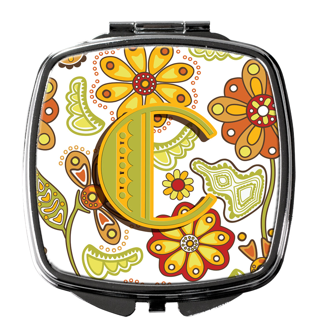 Letter C Floral Mustard and Green Compact Mirror Decorative Travel Makeup Mirror for Women Girls Gifts Pocket Makeup Mirror Folding Handheld