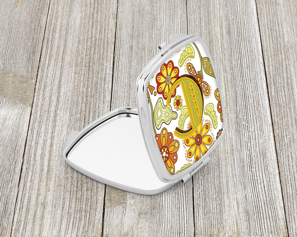 Letter C Floral Mustard and Green Compact Mirror Decorative Travel Makeup Mirror for Women Girls Gifts Pocket Makeup Mirror Folding Handheld