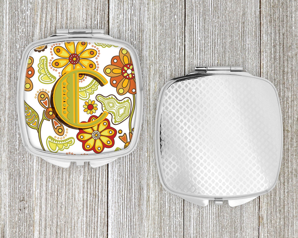 Letter C Floral Mustard and Green Compact Mirror Decorative Travel Makeup Mirror for Women Girls Gifts Pocket Makeup Mirror Folding Handheld