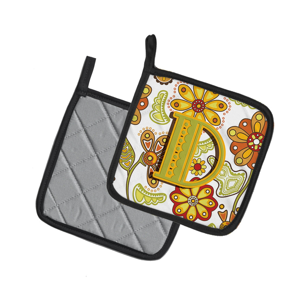 Letter D Floral Mustard and Green Pot Holder Set of 2 Heat Resistant Quilted Hot Pads 7.5 x 7.5 Inch, Insulated Kitchen Trivets for Cooking & Baking