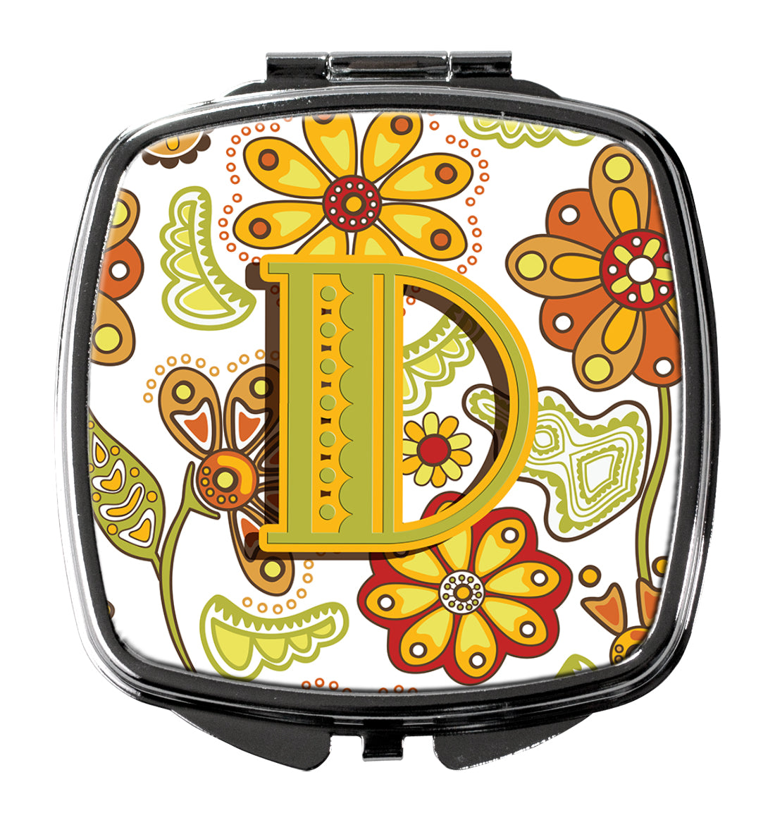 Letter D Floral Mustard and Green Compact Mirror Decorative Travel Makeup Mirror for Women Girls Gifts Pocket Makeup Mirror Folding Handheld