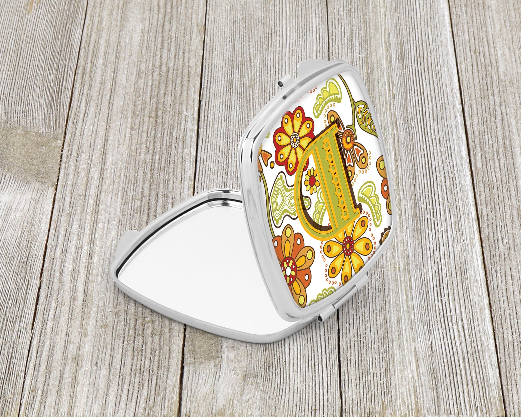 Letter D Floral Mustard and Green Compact Mirror Decorative Travel Makeup Mirror for Women Girls Gifts Pocket Makeup Mirror Folding Handheld