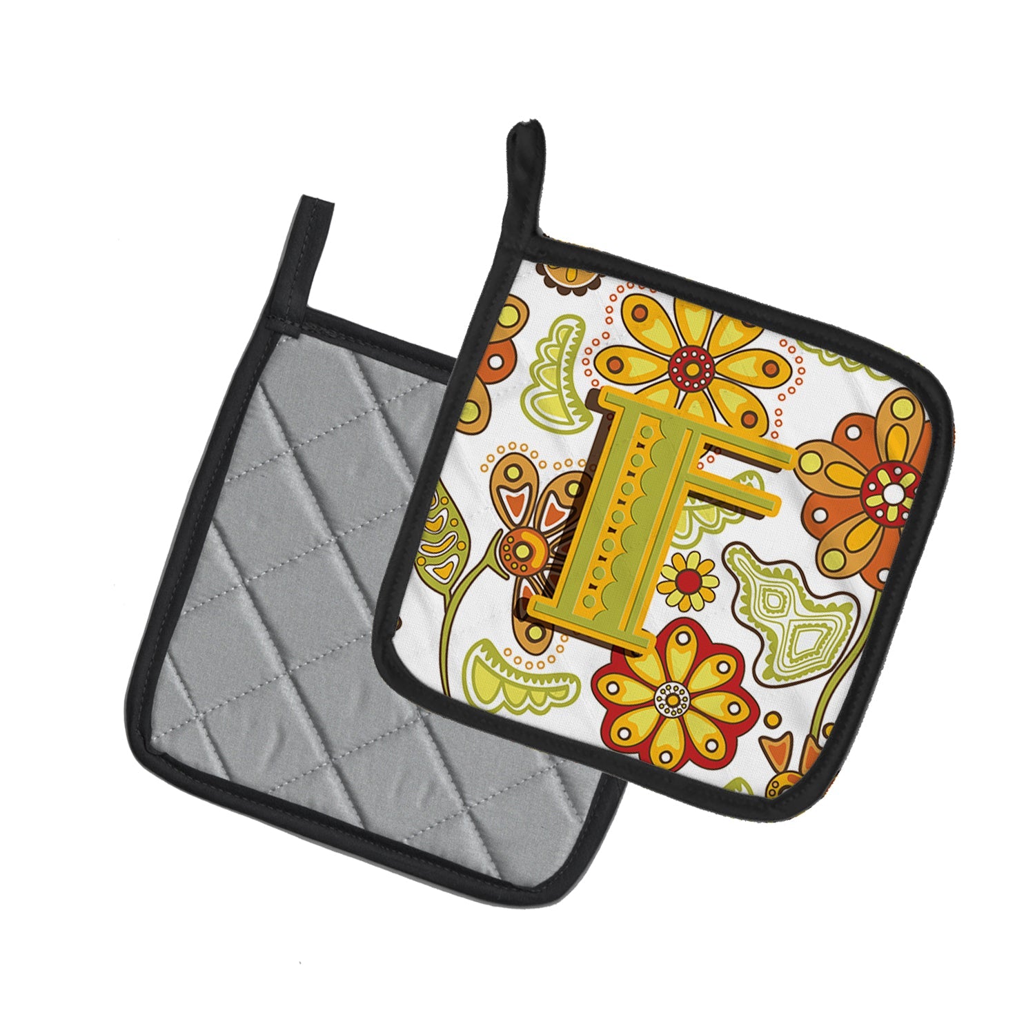 Letter F Floral Mustard and Green Pot Holder Set of 2 Heat Resistant Quilted Hot Pads 7.5 x 7.5 Inch, Insulated Kitchen Trivets for Cooking & Baking