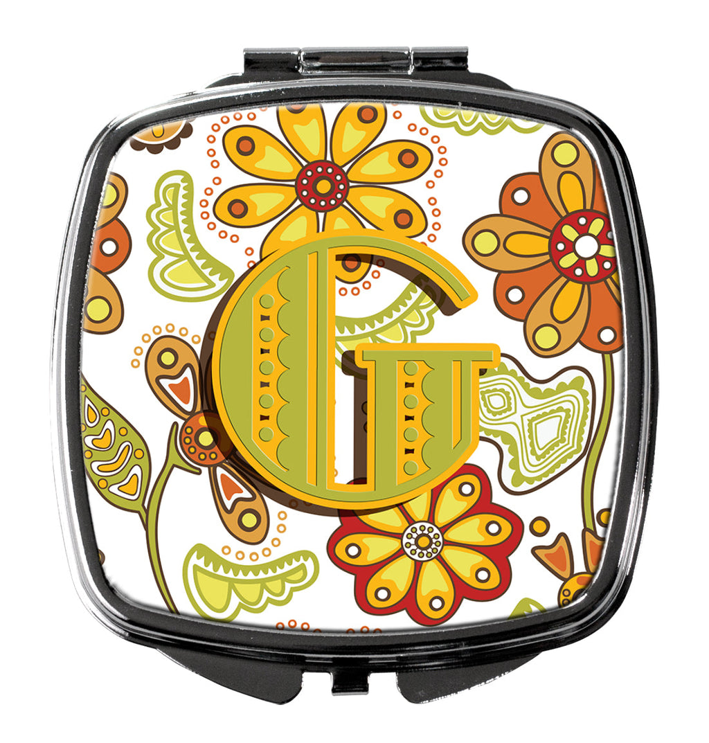 Letter G Floral Mustard and Green Compact Mirror Decorative Travel Makeup Mirror for Women Girls Gifts Pocket Makeup Mirror Folding Handheld