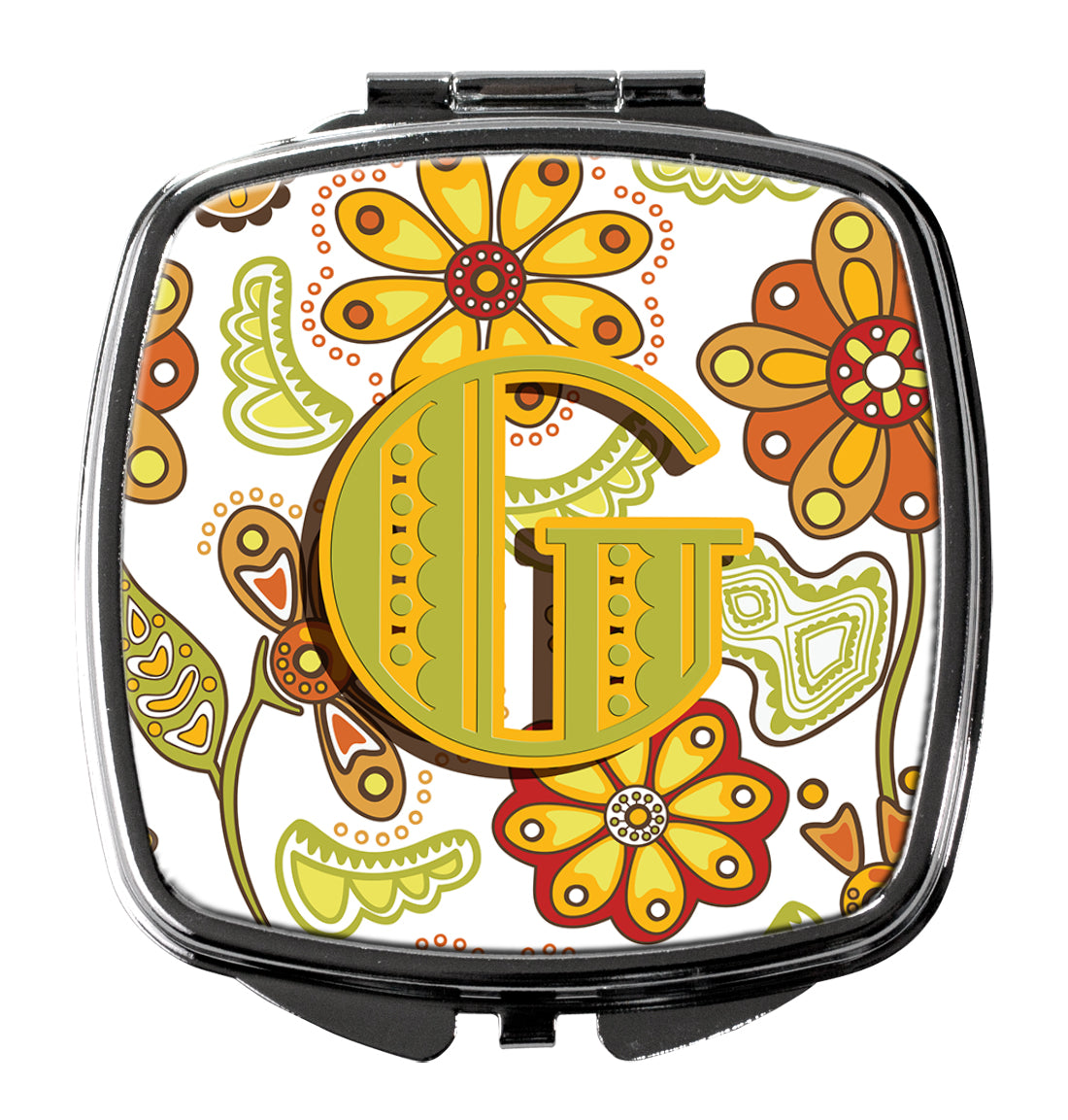 Letter G Floral Mustard and Green Compact Mirror Decorative Travel Makeup Mirror for Women Girls Gifts Pocket Makeup Mirror Folding Handheld