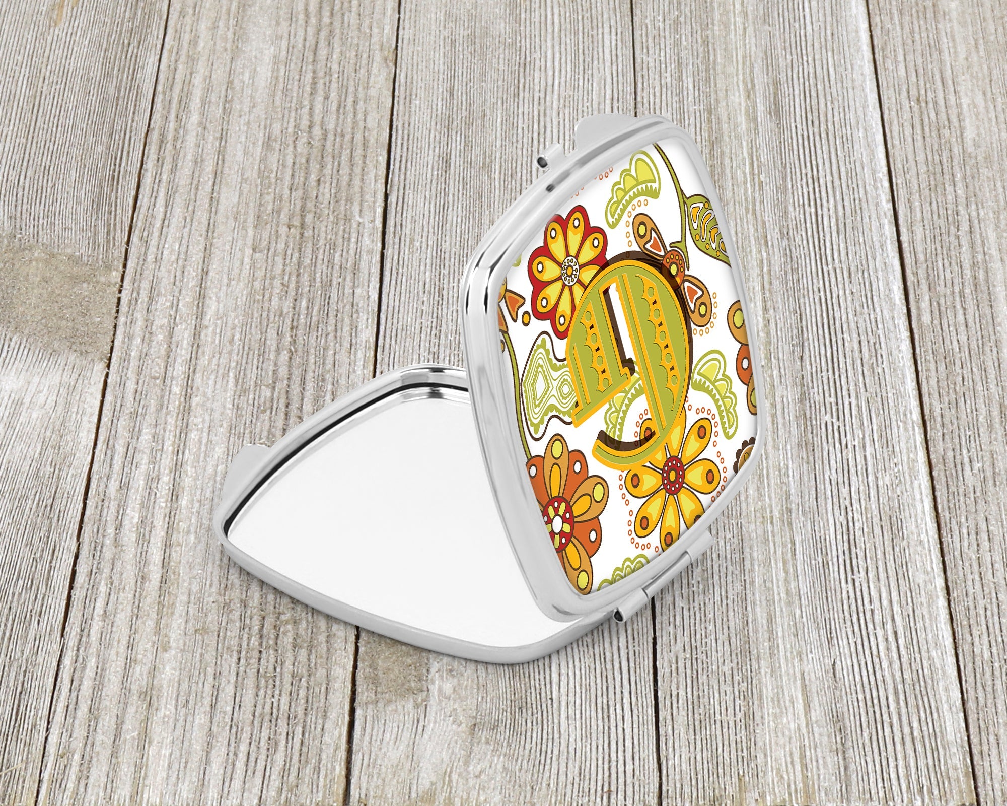 Letter G Floral Mustard and Green Compact Mirror Decorative Travel Makeup Mirror for Women Girls Gifts Pocket Makeup Mirror Folding Handheld
