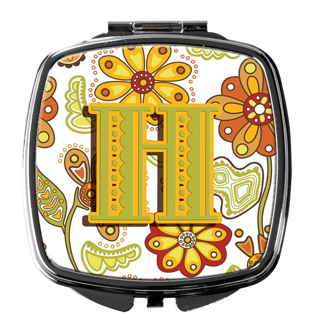 Letter H Floral Mustard and Green Compact Mirror Decorative Travel Makeup Mirror for Women Girls Gifts Pocket Makeup Mirror Folding Handheld