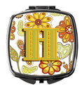 Letter H Floral Mustard and Green Compact Mirror Decorative Travel Makeup Mirror for Women Girls Gifts Pocket Makeup Mirror Folding Handheld