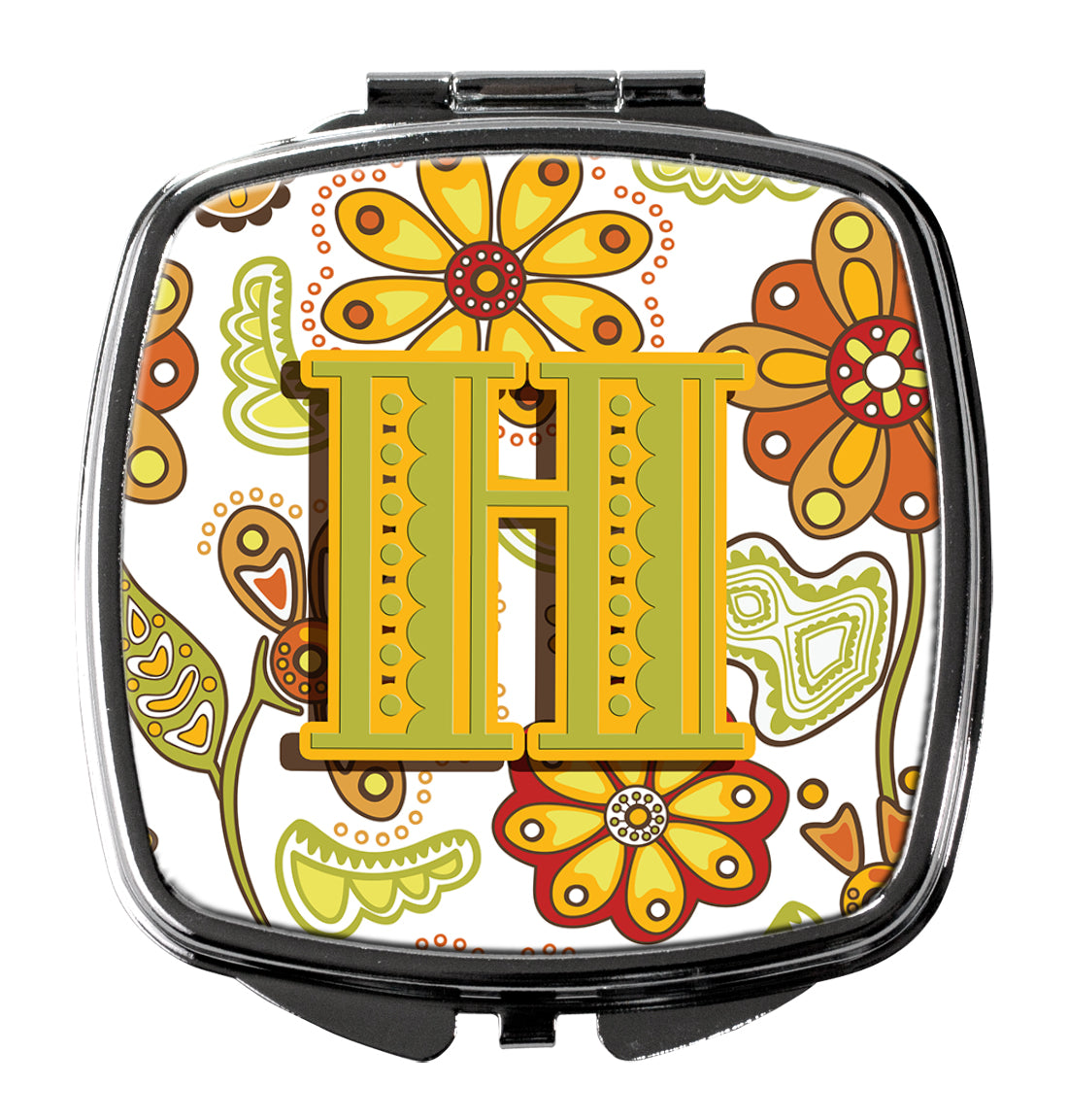 Letter H Floral Mustard and Green Compact Mirror Decorative Travel Makeup Mirror for Women Girls Gifts Pocket Makeup Mirror Folding Handheld