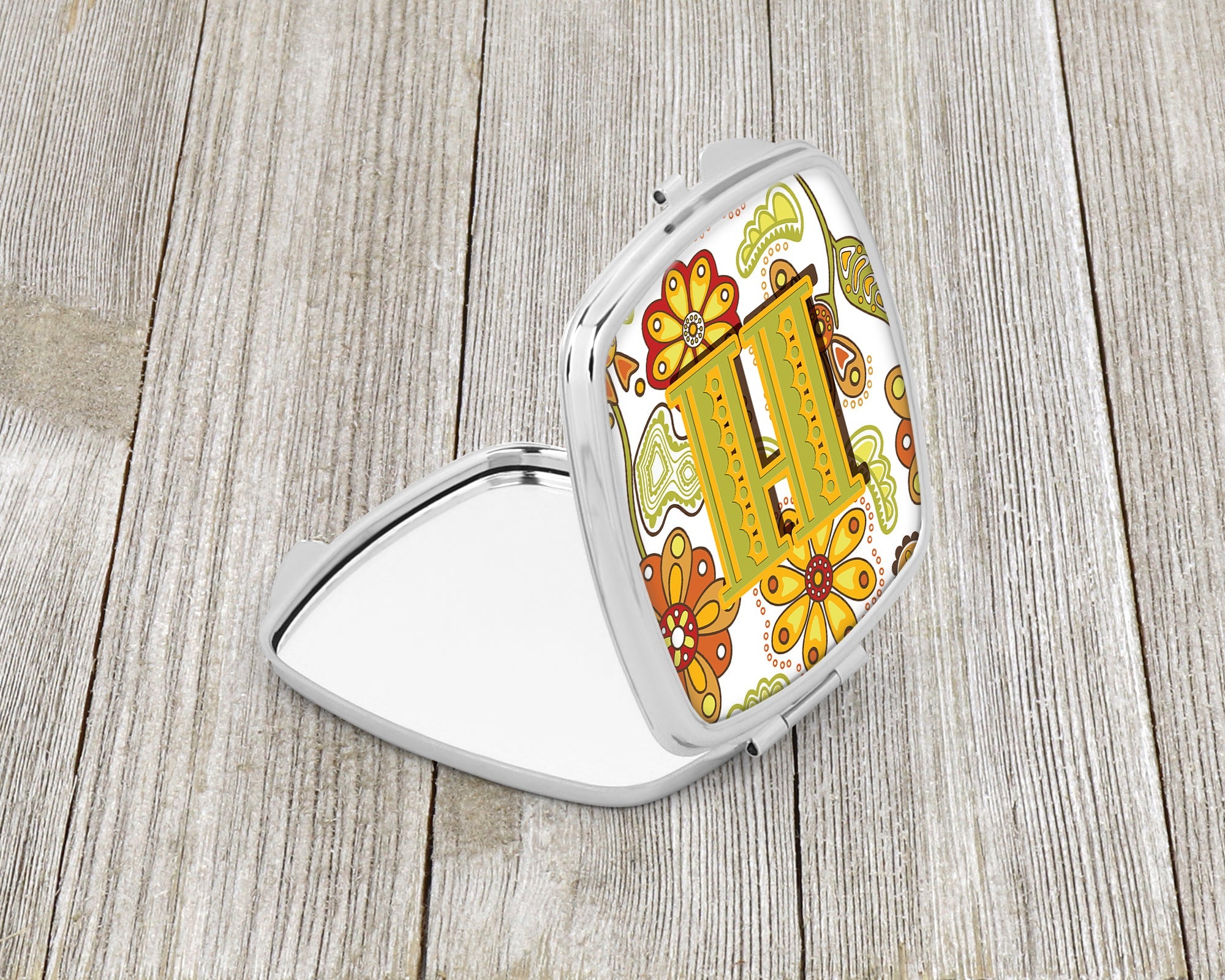 Letter H Floral Mustard and Green Compact Mirror Decorative Travel Makeup Mirror for Women Girls Gifts Pocket Makeup Mirror Folding Handheld