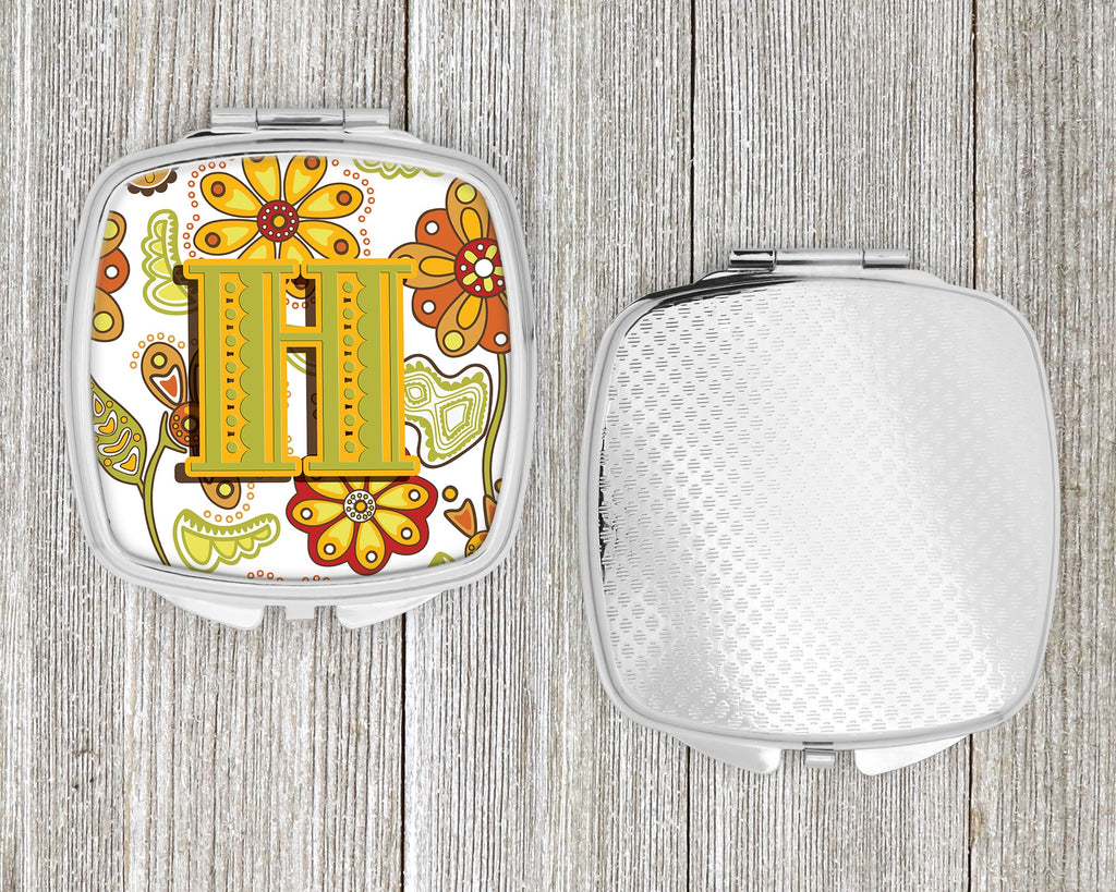 Letter H Floral Mustard and Green Compact Mirror Decorative Travel Makeup Mirror for Women Girls Gifts Pocket Makeup Mirror Folding Handheld