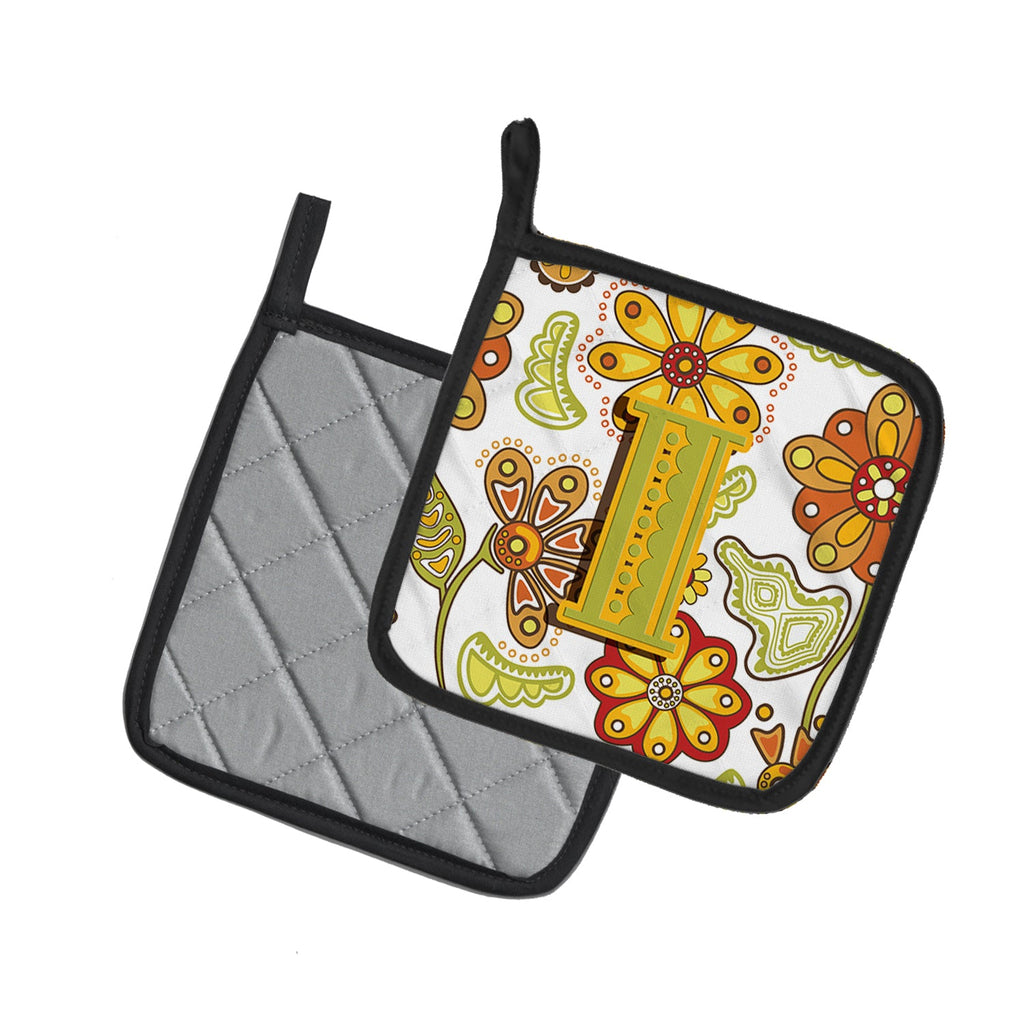 Letter I Floral Mustard and Green Pot Holder Set of 2 Heat Resistant Quilted Hot Pads 7.5 x 7.5 Inch, Insulated Kitchen Trivets for Cooking & Baking