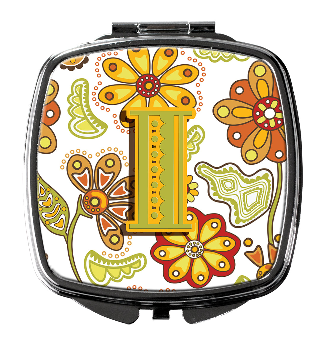 Letter I Floral Mustard and Green Compact Mirror Decorative Travel Makeup Mirror for Women Girls Gifts Pocket Makeup Mirror Folding Handheld