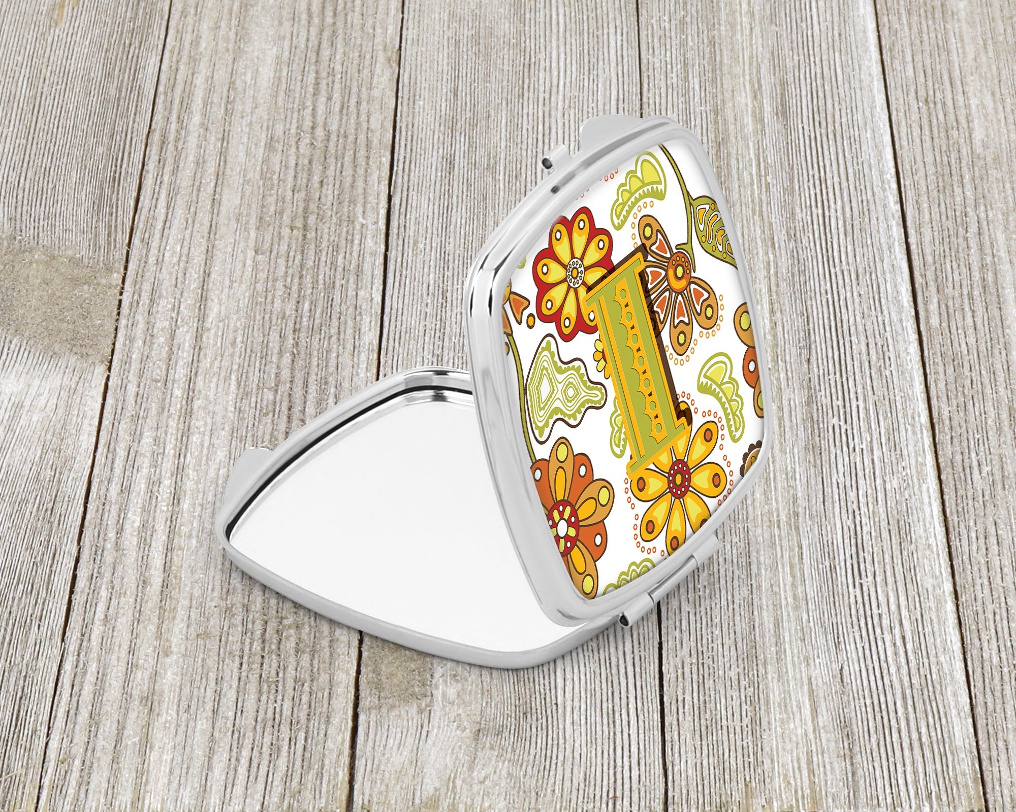 Letter I Floral Mustard and Green Compact Mirror Decorative Travel Makeup Mirror for Women Girls Gifts Pocket Makeup Mirror Folding Handheld