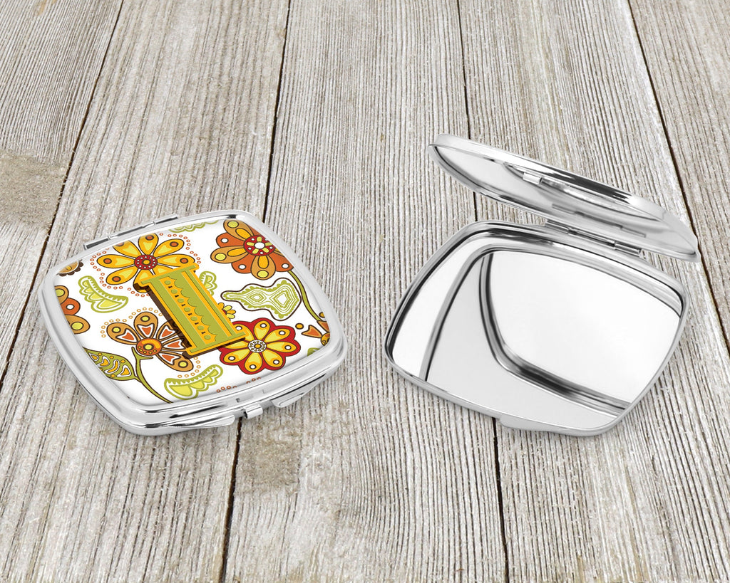 Letter I Floral Mustard and Green Compact Mirror Decorative Travel Makeup Mirror for Women Girls Gifts Pocket Makeup Mirror Folding Handheld
