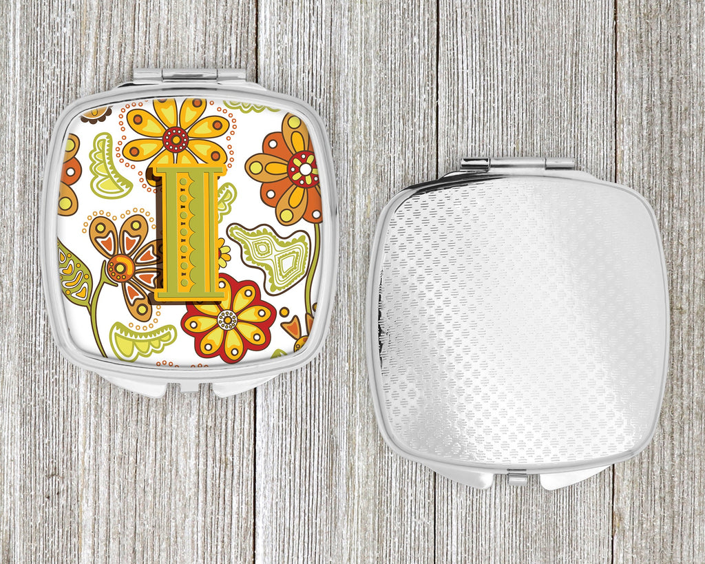 Letter I Floral Mustard and Green Compact Mirror Decorative Travel Makeup Mirror for Women Girls Gifts Pocket Makeup Mirror Folding Handheld