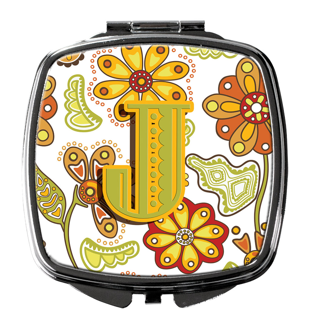 Letter J Floral Mustard and Green Compact Mirror Decorative Travel Makeup Mirror for Women Girls Gifts Pocket Makeup Mirror Folding Handheld