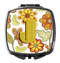 Letter J Floral Mustard and Green Compact Mirror Decorative Travel Makeup Mirror for Women Girls Gifts Pocket Makeup Mirror Folding Handheld