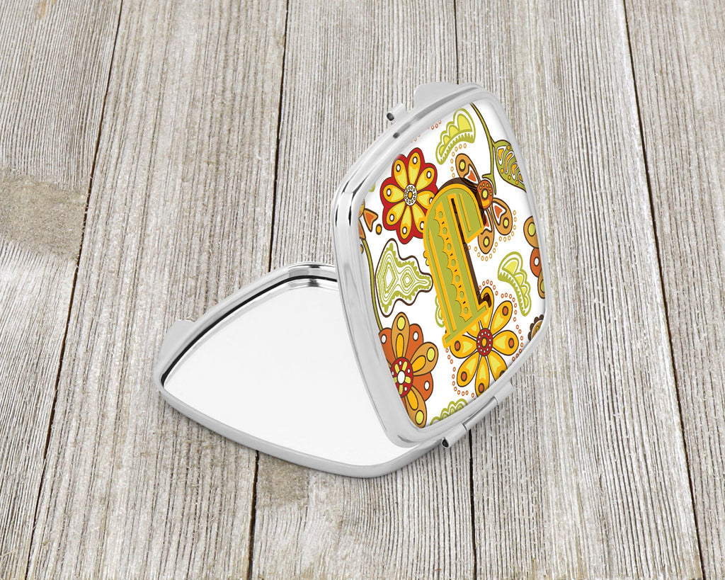 Letter J Floral Mustard and Green Compact Mirror Decorative Travel Makeup Mirror for Women Girls Gifts Pocket Makeup Mirror Folding Handheld