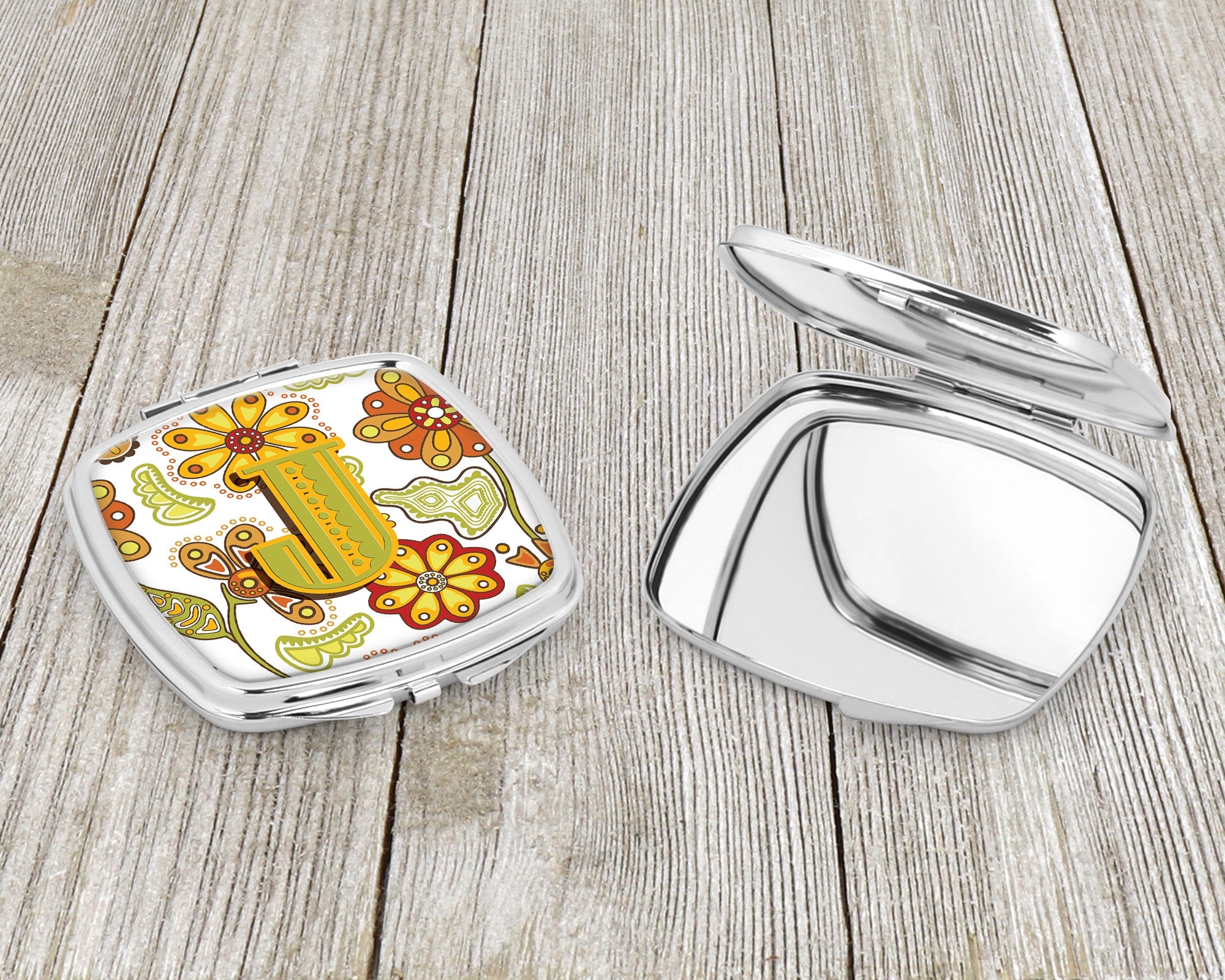 Letter J Floral Mustard and Green Compact Mirror Decorative Travel Makeup Mirror for Women Girls Gifts Pocket Makeup Mirror Folding Handheld