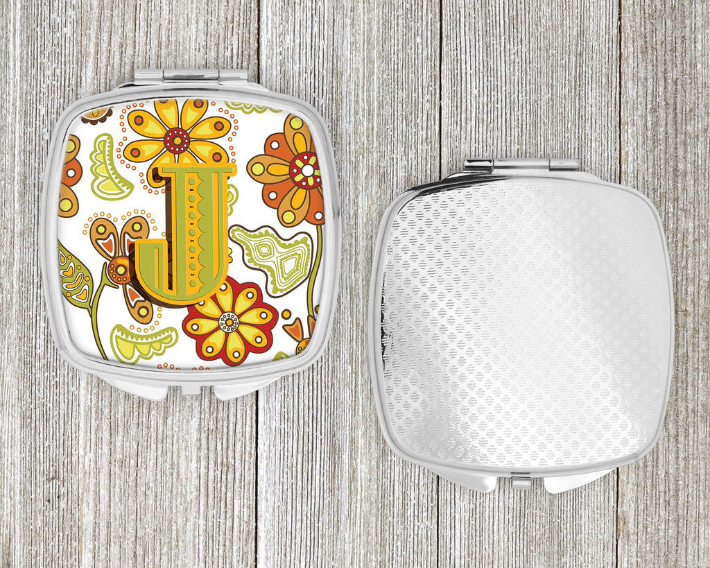 Letter J Floral Mustard and Green Compact Mirror Decorative Travel Makeup Mirror for Women Girls Gifts Pocket Makeup Mirror Folding Handheld