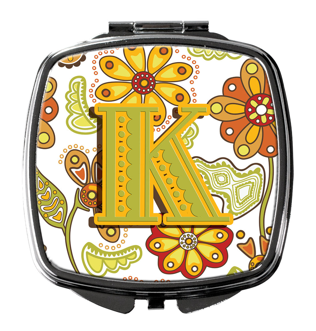 Letter K Floral Mustard and Green Compact Mirror Decorative Travel Makeup Mirror for Women Girls Gifts Pocket Makeup Mirror Folding Handheld