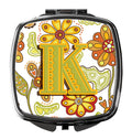 Letter K Floral Mustard and Green Compact Mirror Decorative Travel Makeup Mirror for Women Girls Gifts Pocket Makeup Mirror Folding Handheld