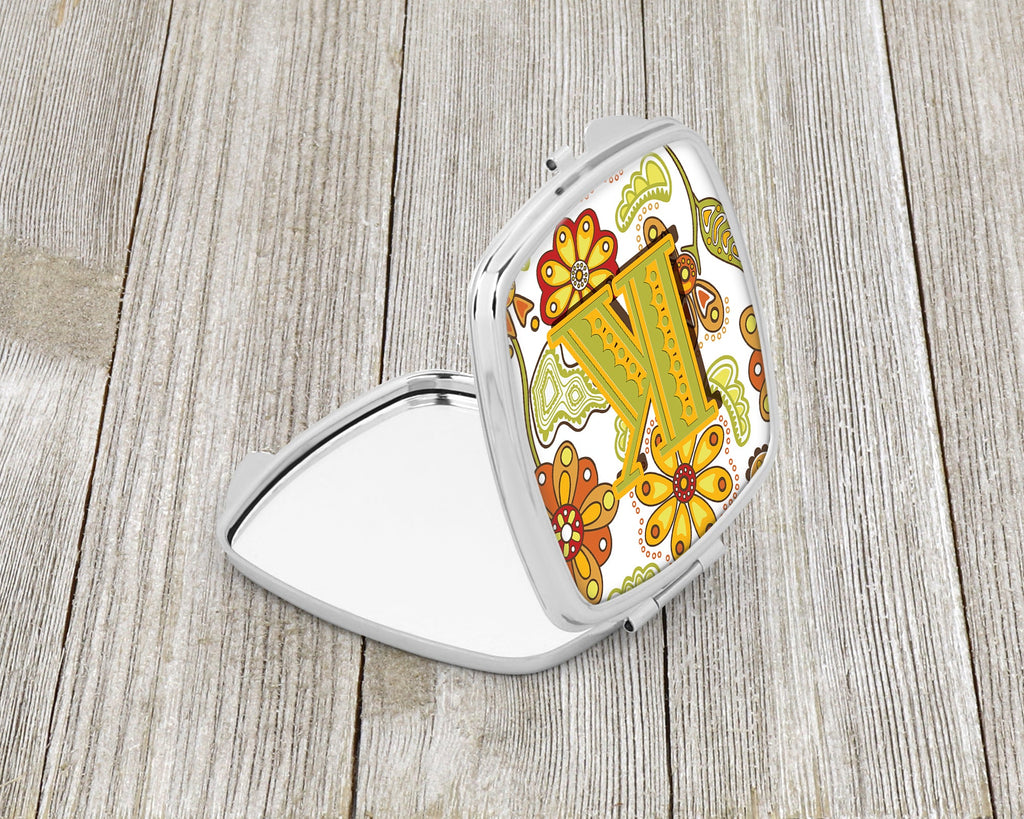 Letter K Floral Mustard and Green Compact Mirror Decorative Travel Makeup Mirror for Women Girls Gifts Pocket Makeup Mirror Folding Handheld