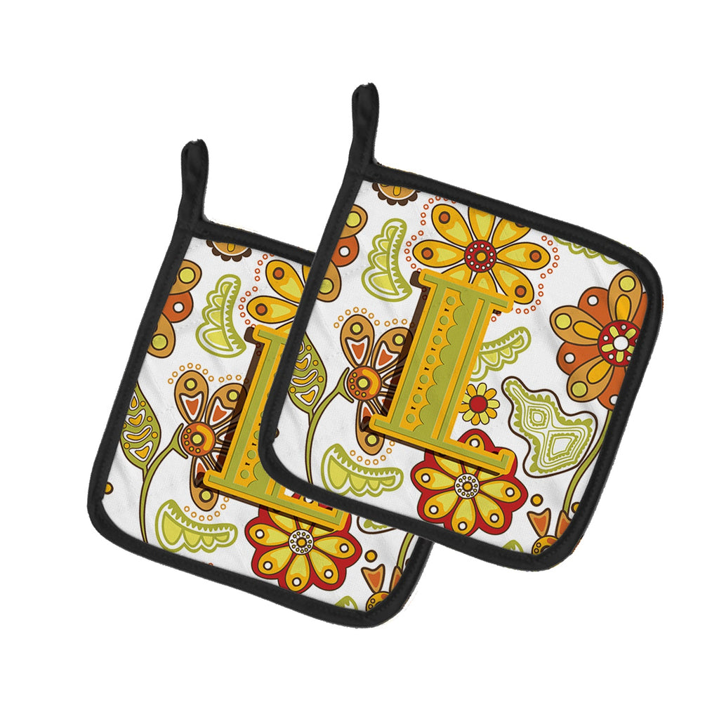 Letter L Floral Mustard and Green Pot Holder Set of 2 Heat Resistant Quilted Hot Pads 7.5 x 7.5 Inch, Insulated Kitchen Trivets for Cooking & Baking