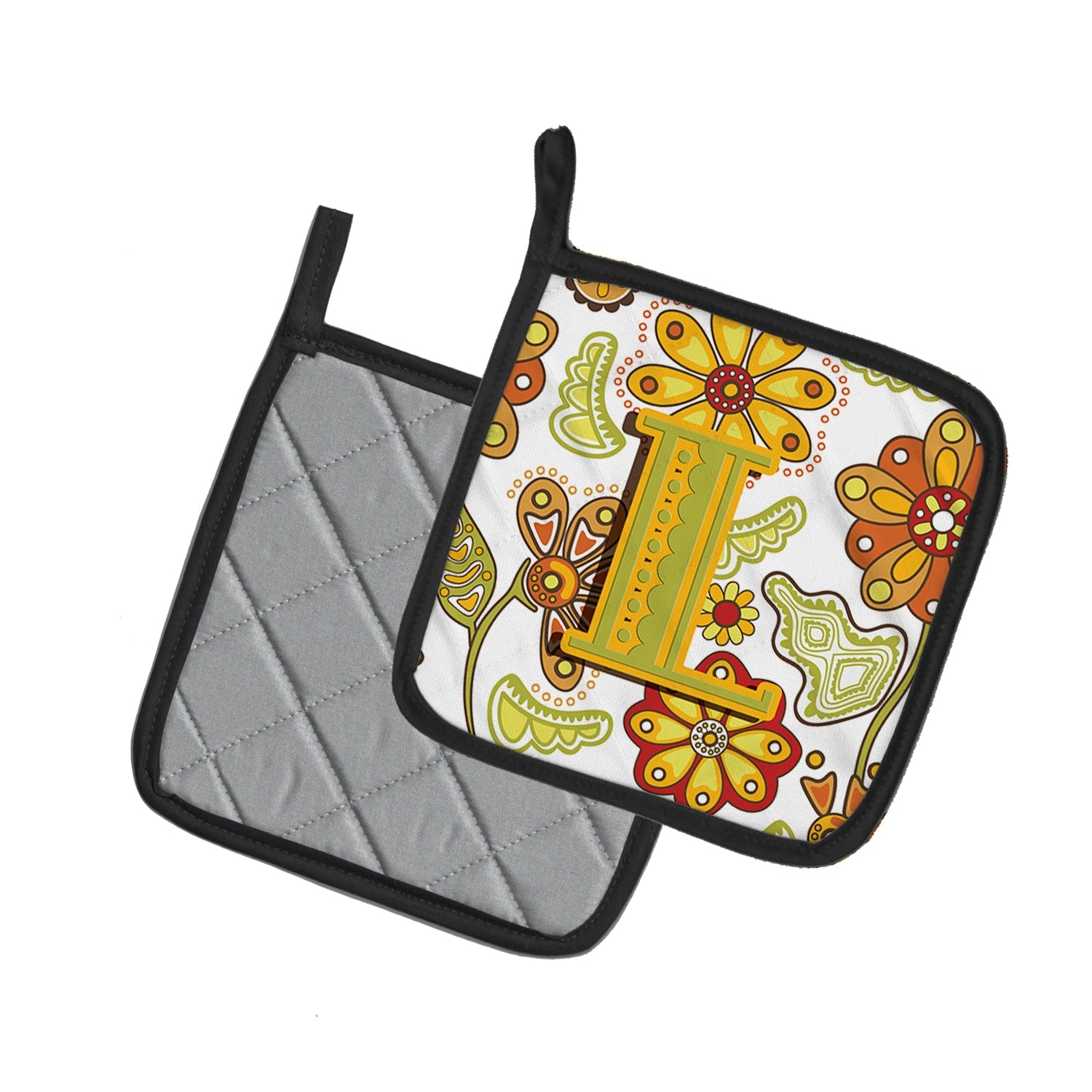 Letter L Floral Mustard and Green Pot Holder Set of 2 Heat Resistant Quilted Hot Pads 7.5 x 7.5 Inch, Insulated Kitchen Trivets for Cooking & Baking