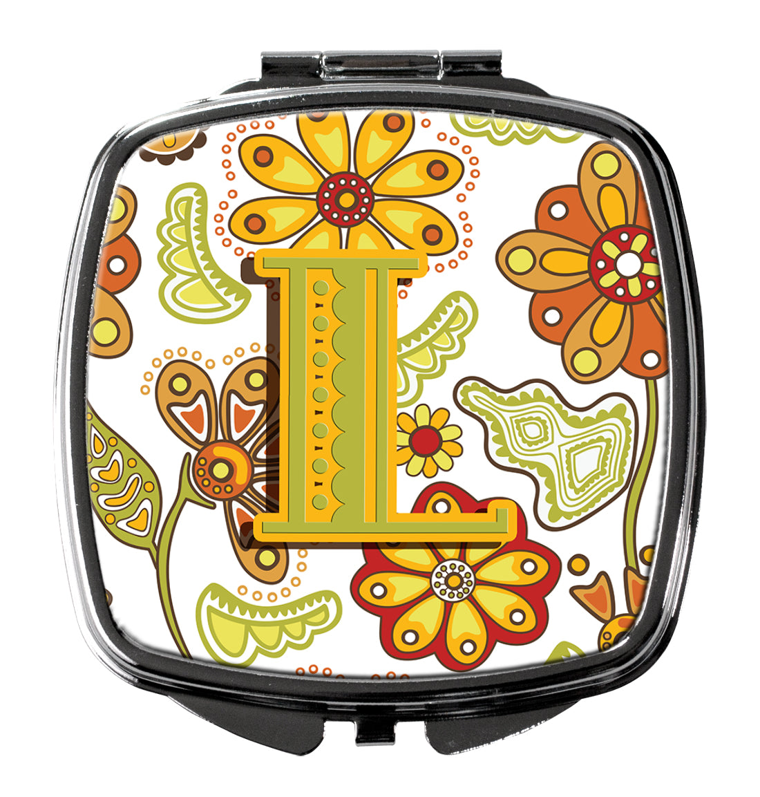 Letter L Floral Mustard and Green Compact Mirror Decorative Travel Makeup Mirror for Women Girls Gifts Pocket Makeup Mirror Folding Handheld