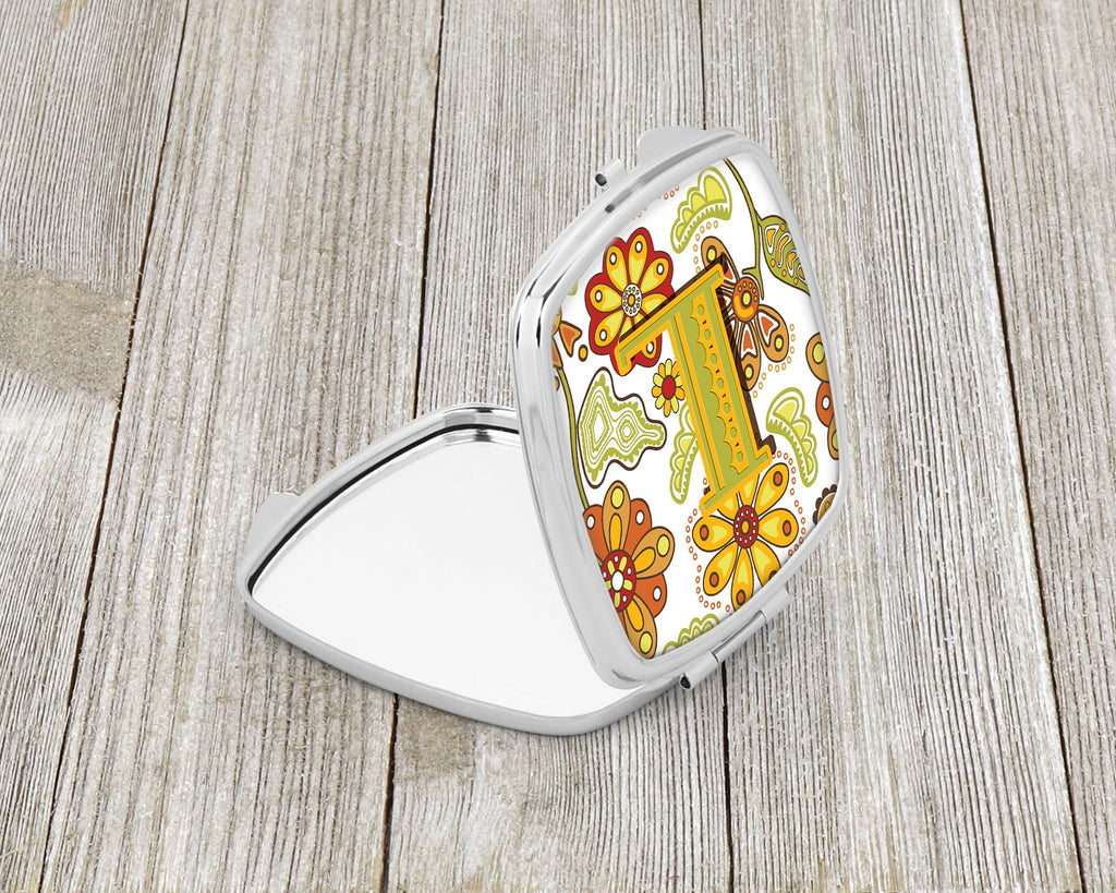 Letter L Floral Mustard and Green Compact Mirror Decorative Travel Makeup Mirror for Women Girls Gifts Pocket Makeup Mirror Folding Handheld