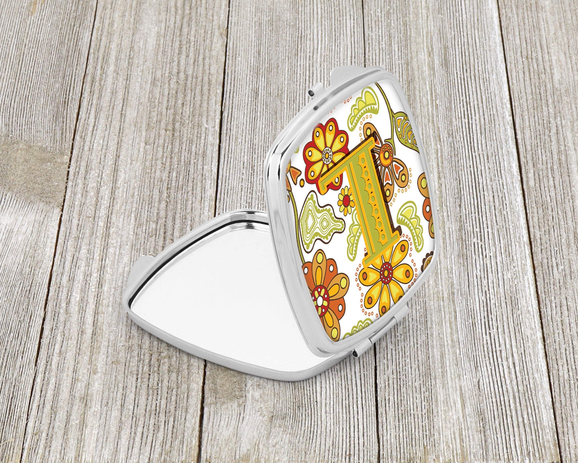 Letter L Floral Mustard and Green Compact Mirror Decorative Travel Makeup Mirror for Women Girls Gifts Pocket Makeup Mirror Folding Handheld
