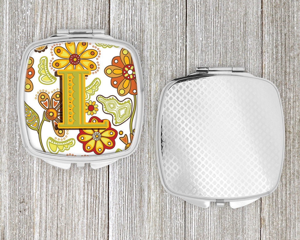 Letter L Floral Mustard and Green Compact Mirror Decorative Travel Makeup Mirror for Women Girls Gifts Pocket Makeup Mirror Folding Handheld