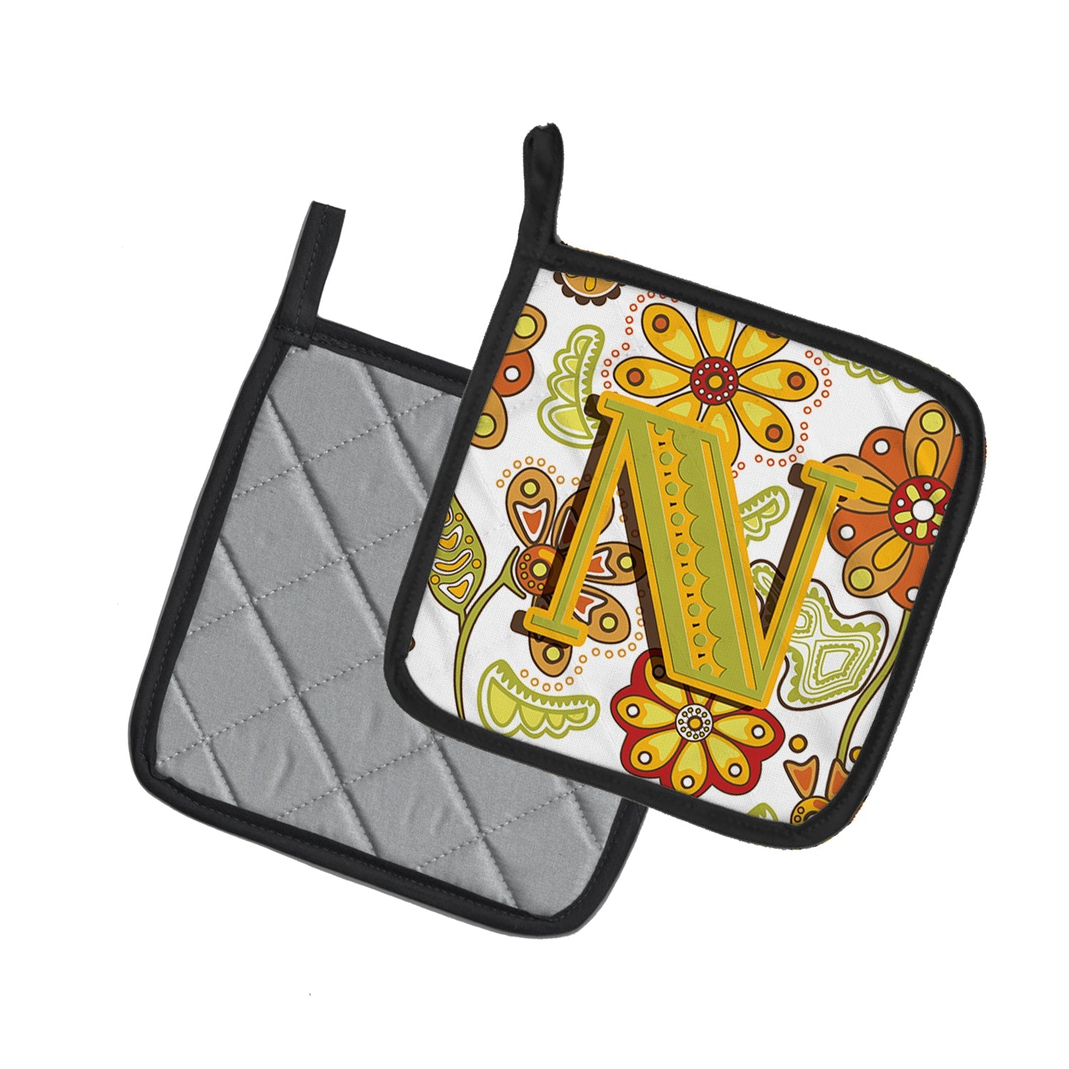 Letter N Floral Mustard and Green Pot Holder Set of 2 Heat Resistant Quilted Hot Pads 7.5 x 7.5 Inch, Insulated Kitchen Trivets for Cooking & Baking