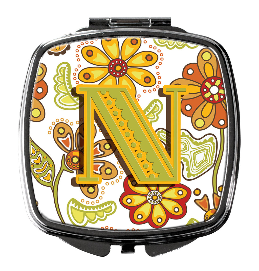 Letter N Floral Mustard and Green Compact Mirror Decorative Travel Makeup Mirror for Women Girls Gifts Pocket Makeup Mirror Folding Handheld