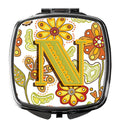 Letter N Floral Mustard and Green Compact Mirror Decorative Travel Makeup Mirror for Women Girls Gifts Pocket Makeup Mirror Folding Handheld