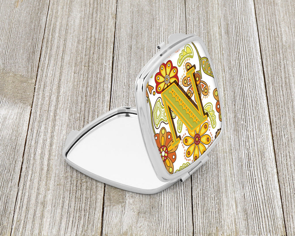 Letter N Floral Mustard and Green Compact Mirror Decorative Travel Makeup Mirror for Women Girls Gifts Pocket Makeup Mirror Folding Handheld
