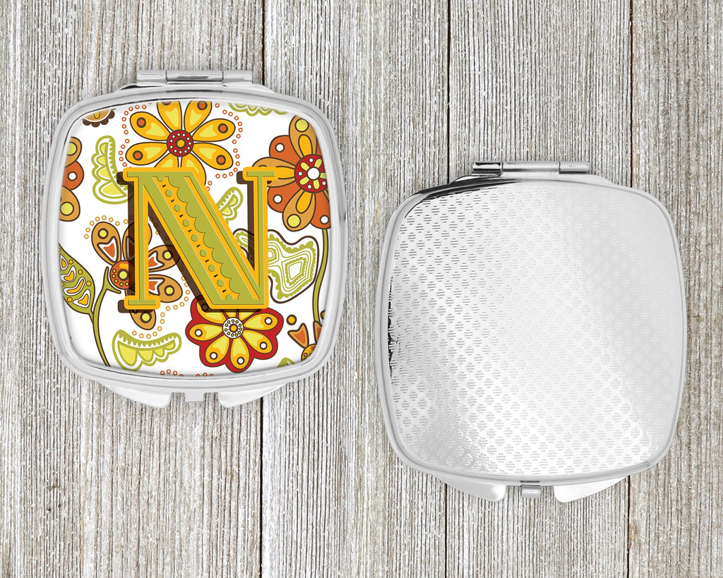 Letter N Floral Mustard and Green Compact Mirror Decorative Travel Makeup Mirror for Women Girls Gifts Pocket Makeup Mirror Folding Handheld