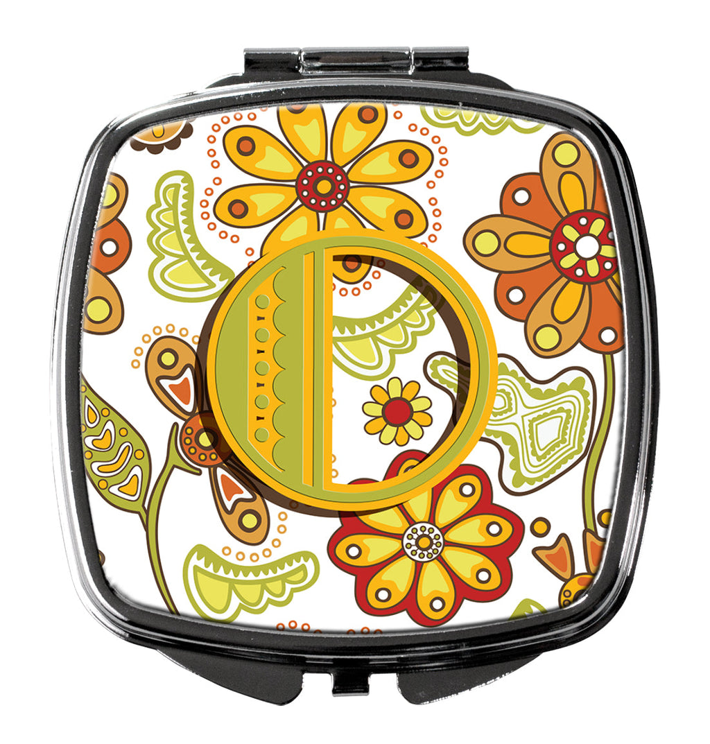 Letter O Floral Mustard and Green Compact Mirror Decorative Travel Makeup Mirror for Women Girls Gifts Pocket Makeup Mirror Folding Handheld