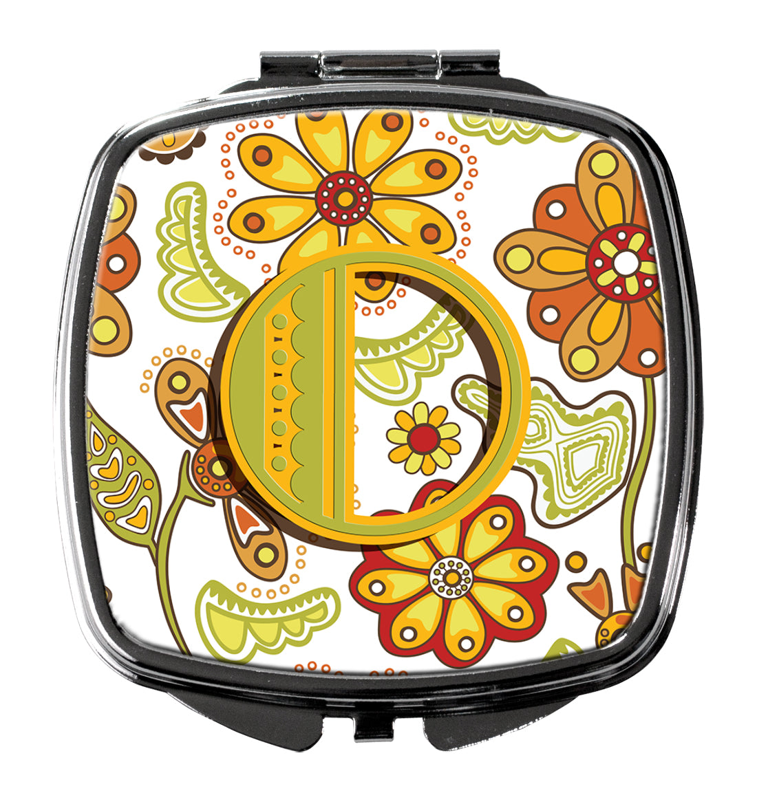 Letter O Floral Mustard and Green Compact Mirror Decorative Travel Makeup Mirror for Women Girls Gifts Pocket Makeup Mirror Folding Handheld