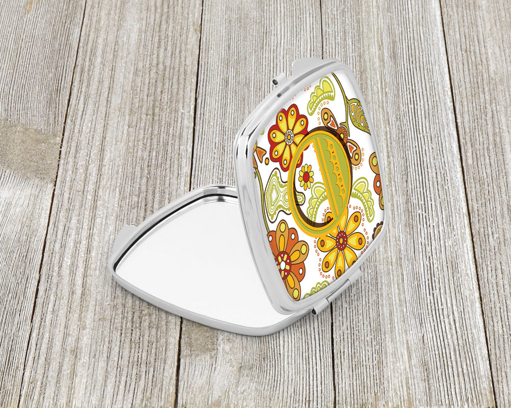 Letter O Floral Mustard and Green Compact Mirror Decorative Travel Makeup Mirror for Women Girls Gifts Pocket Makeup Mirror Folding Handheld