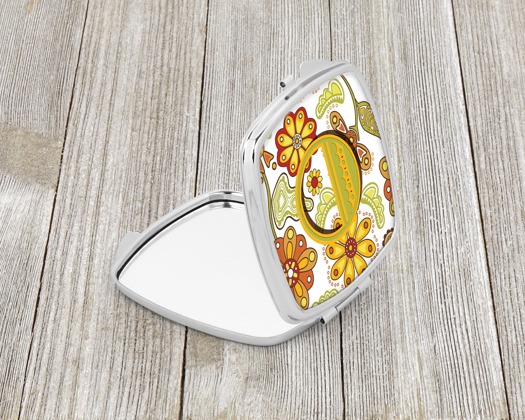 Letter O Floral Mustard and Green Compact Mirror Decorative Travel Makeup Mirror for Women Girls Gifts Pocket Makeup Mirror Folding Handheld