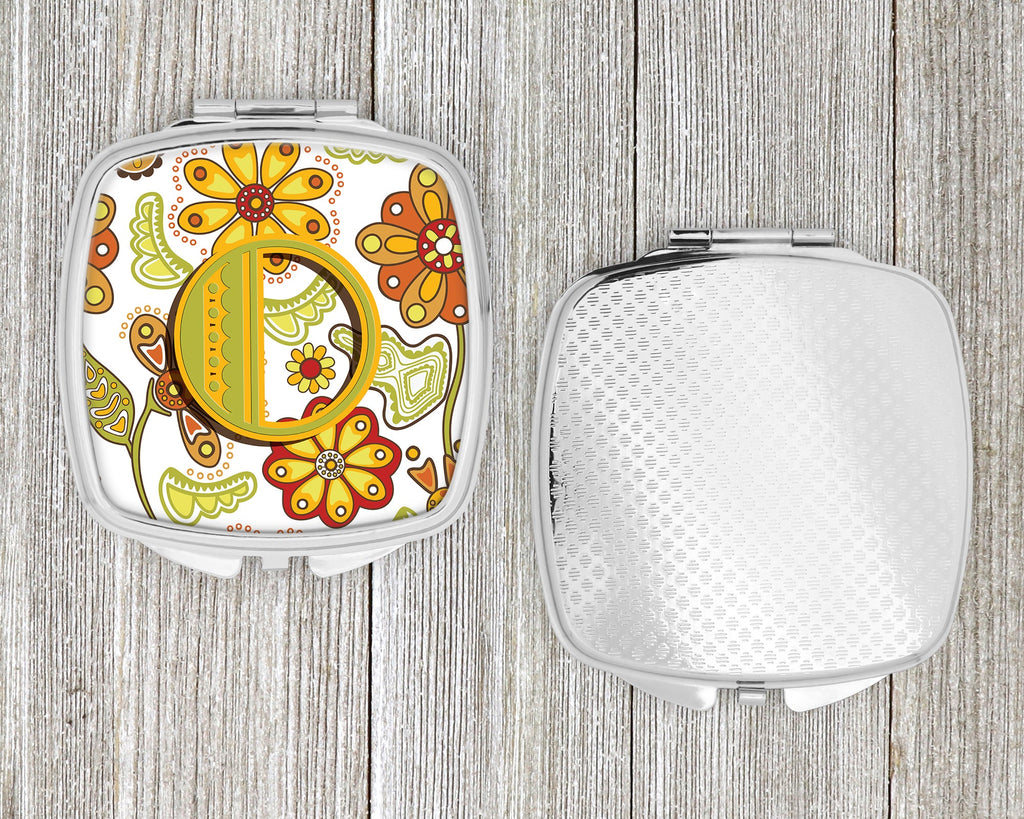 Letter O Floral Mustard and Green Compact Mirror Decorative Travel Makeup Mirror for Women Girls Gifts Pocket Makeup Mirror Folding Handheld